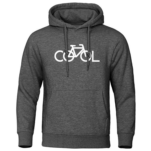 Gray hoodie with a white bicycle and 'COOL' text design on a white background