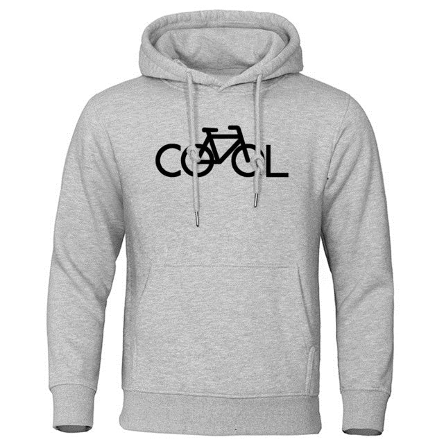 Gray hoodie with a black bicycle logo on a white background