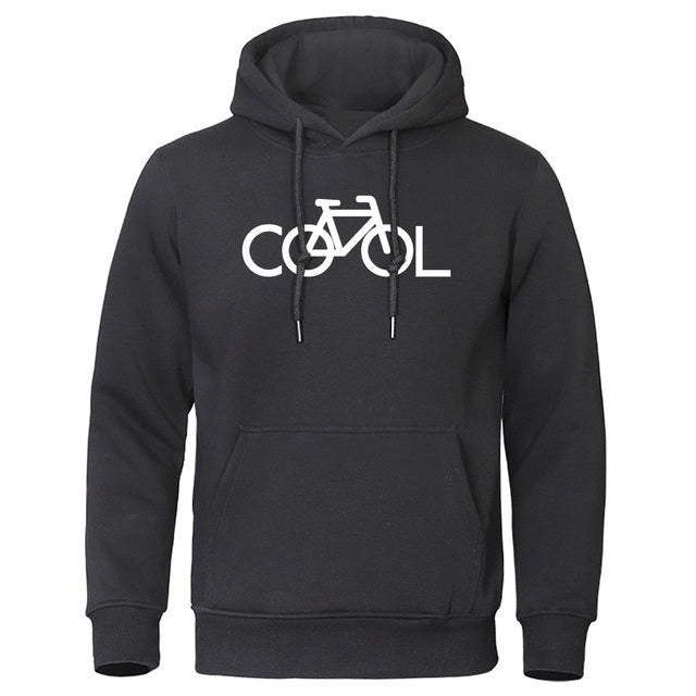 Black hoodie with a bicycle and 'COOL' text design on a white background