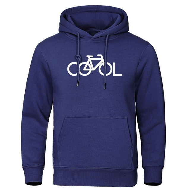 Blue hoodie with a bicycle and 'COOL' text design on a white background