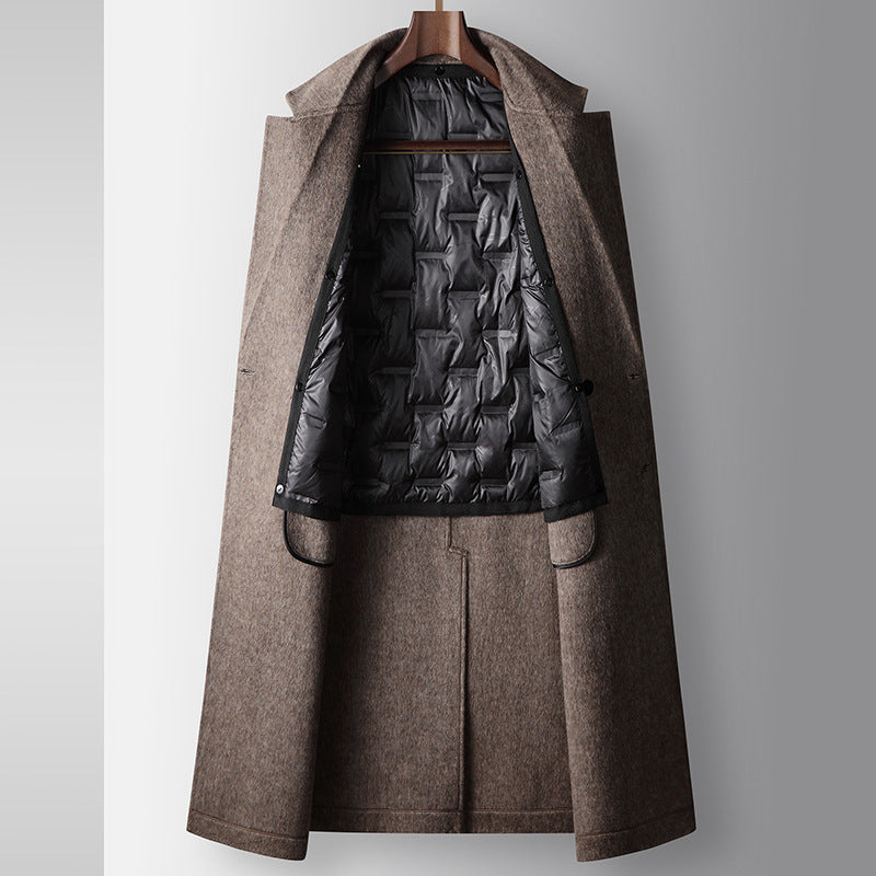 Brown coat with black quilted lining on a gray background