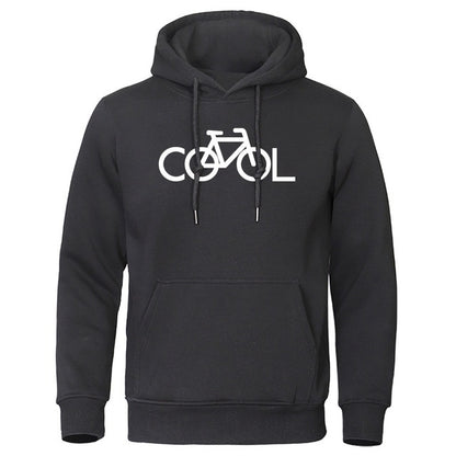 Black hoodie with a bicycle and 'COOL' text design on a white background