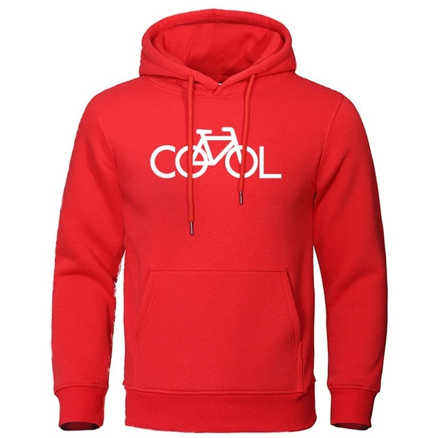 Red hoodie with 'COOL' and bicycle graphic on a white background