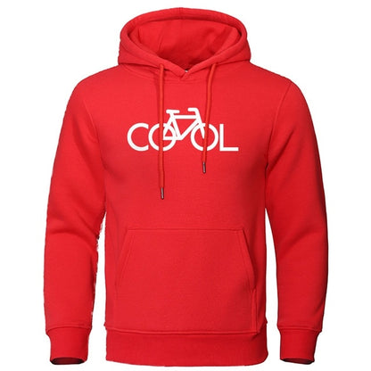 Red hoodie with 'COOL' and bicycle graphic on a white background
