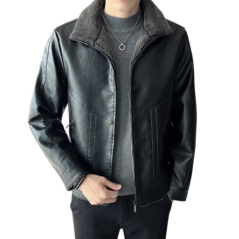 Black leather jacket worn by a person on a white background