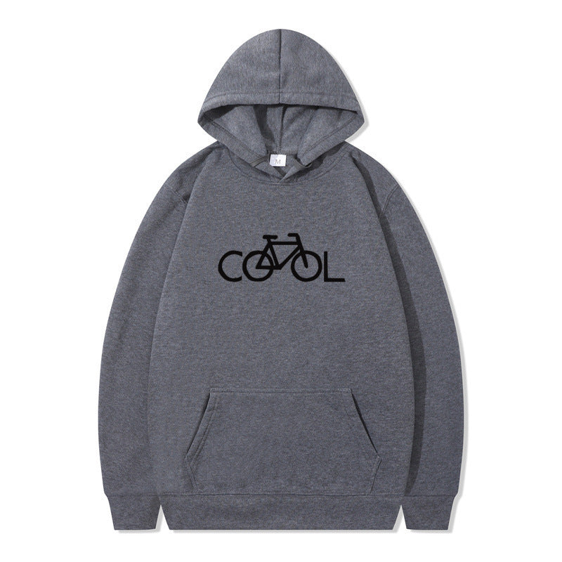 Gray hoodie with a bicycle and 'COOL' text design on a white background