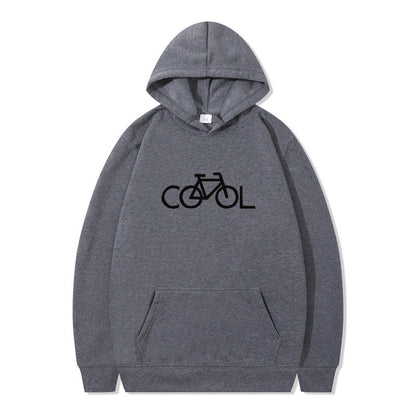 Gray hoodie with a bicycle and 'COOL' text design on a white background