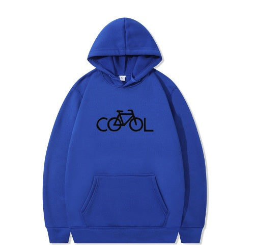 Blue hoodie with a black bicycle graphic and 'COOL' text on a white background