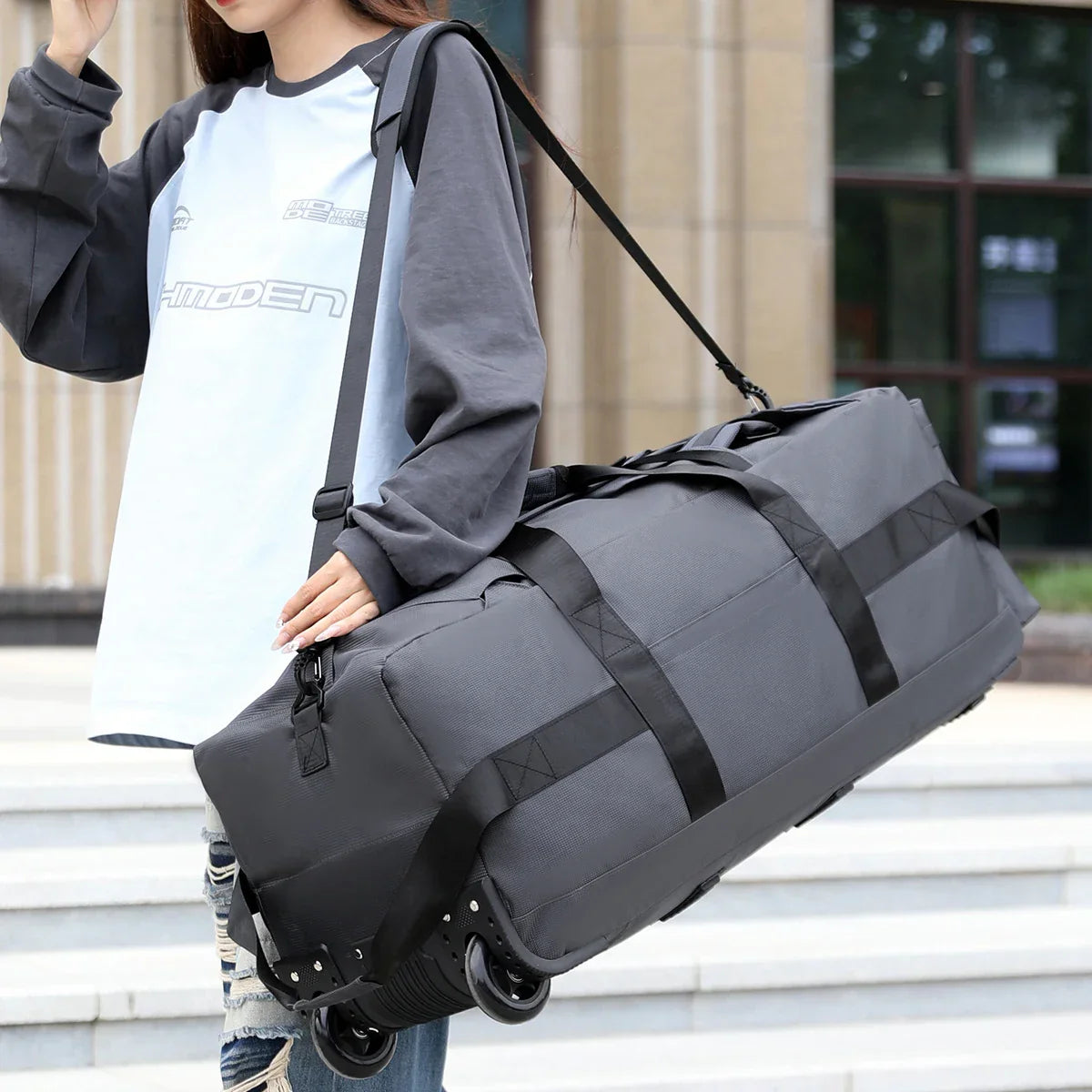 Roller Travel Duffel Bag with Fixed Casters Grey