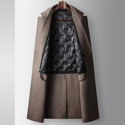 Brown coat with black quilted lining on a gray background